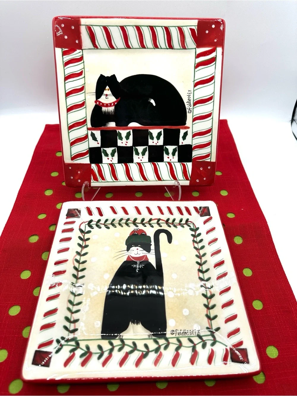 Oneida Christmas Candy Cane Cats. Dessert plates 8 x 8”